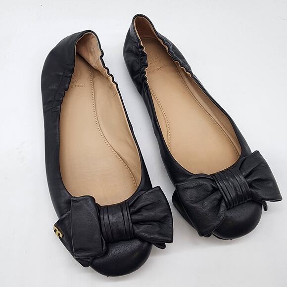 Tory Burch Divine Driver Bow Ballet Flats Black Leather Slip-on Shoes 7.5M - Picture 1 of 7